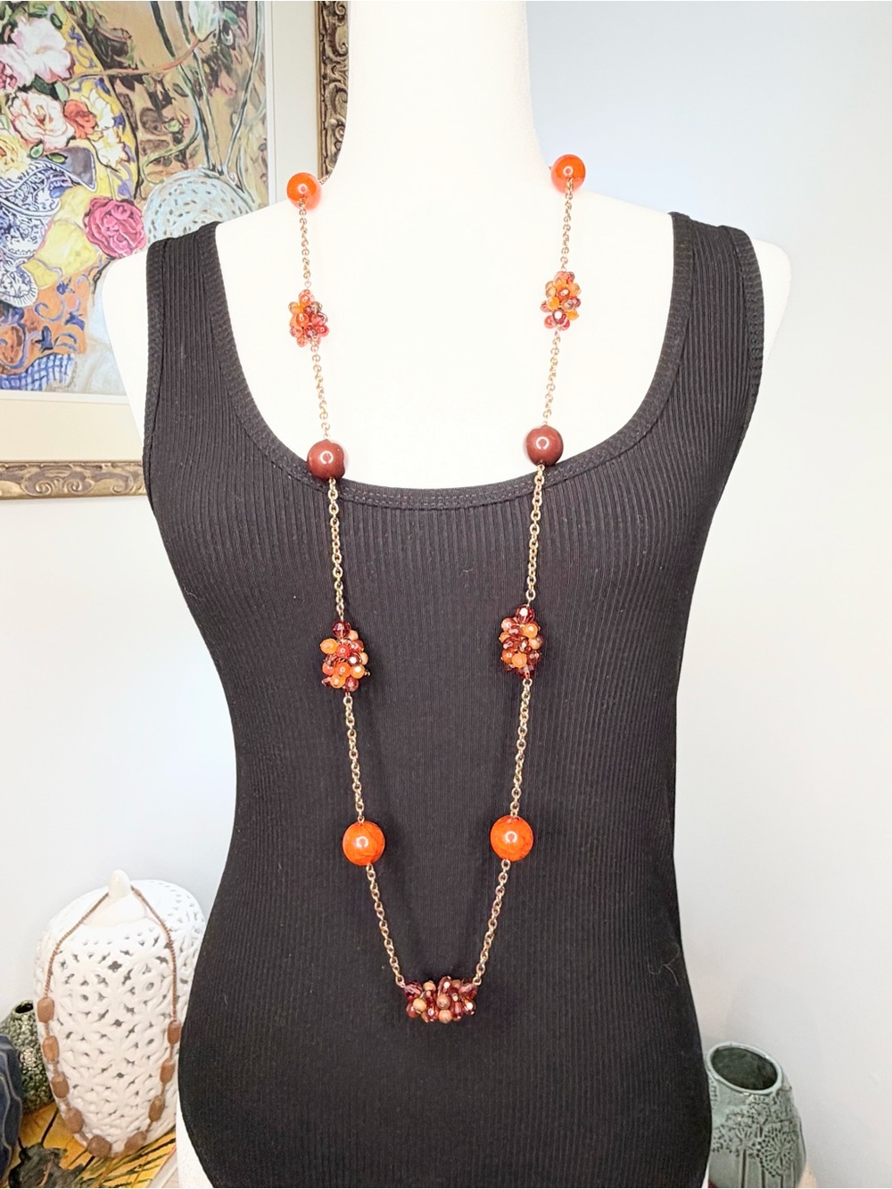 Orange Brown Beaded Cluster Necklace Gold Tone Long Boho Statement 43”